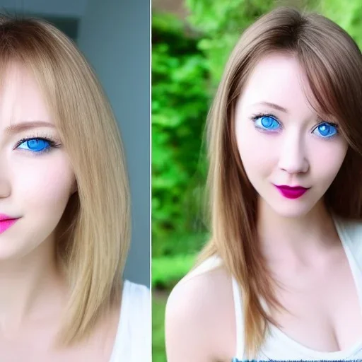 Pretty face of a woman,deep blue eyes, nice nose, pretty lip, simi smile, pointed ears, white skin, white simi gold hair, medium hair, nice neck, sexy soulder, looking in side view, sexy sando, medium breast size,