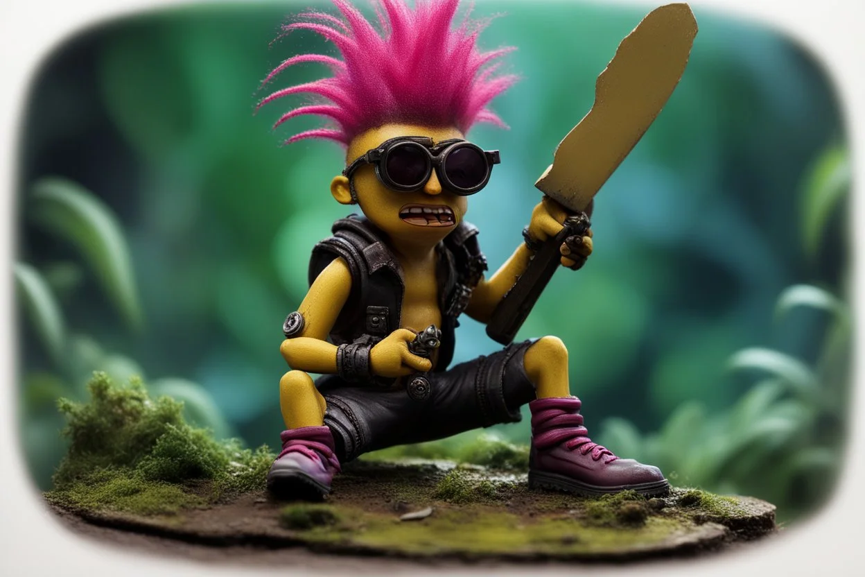 caricature, evil, dark arts, intricately painted, miniature figure. a miniature figure of an (angry:1.5) cyberpunk (Minion with glasses:1.4) with a rainbow mohawk hairstyle, set in a jungle, (holding a machete:1.6), giant boots, punk, worn, bokeh, Low DOF, 16k, trending on artstation. AlbedoBase XL.