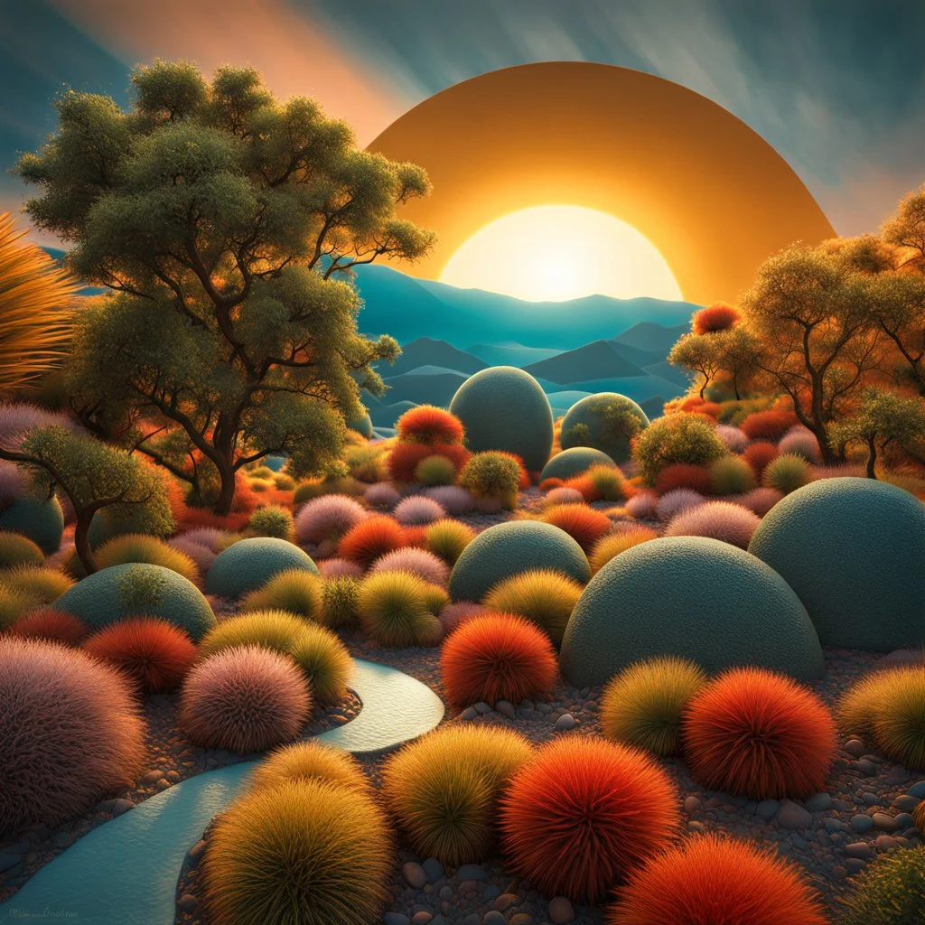 An incredibly peaceful detailed landscape, Max Ernst, Henri Rousseau, Haji Widayat, primordial nature, sun, strong texture, extreme detail, intricate, strong colours, bas-relief, high resolution, volumetric light, 8k, 3d, cinematic, rich moody colors, sparkles, decal, octane render, 55mm photography, 8k, sharp focus, volumetric light, ZBrush