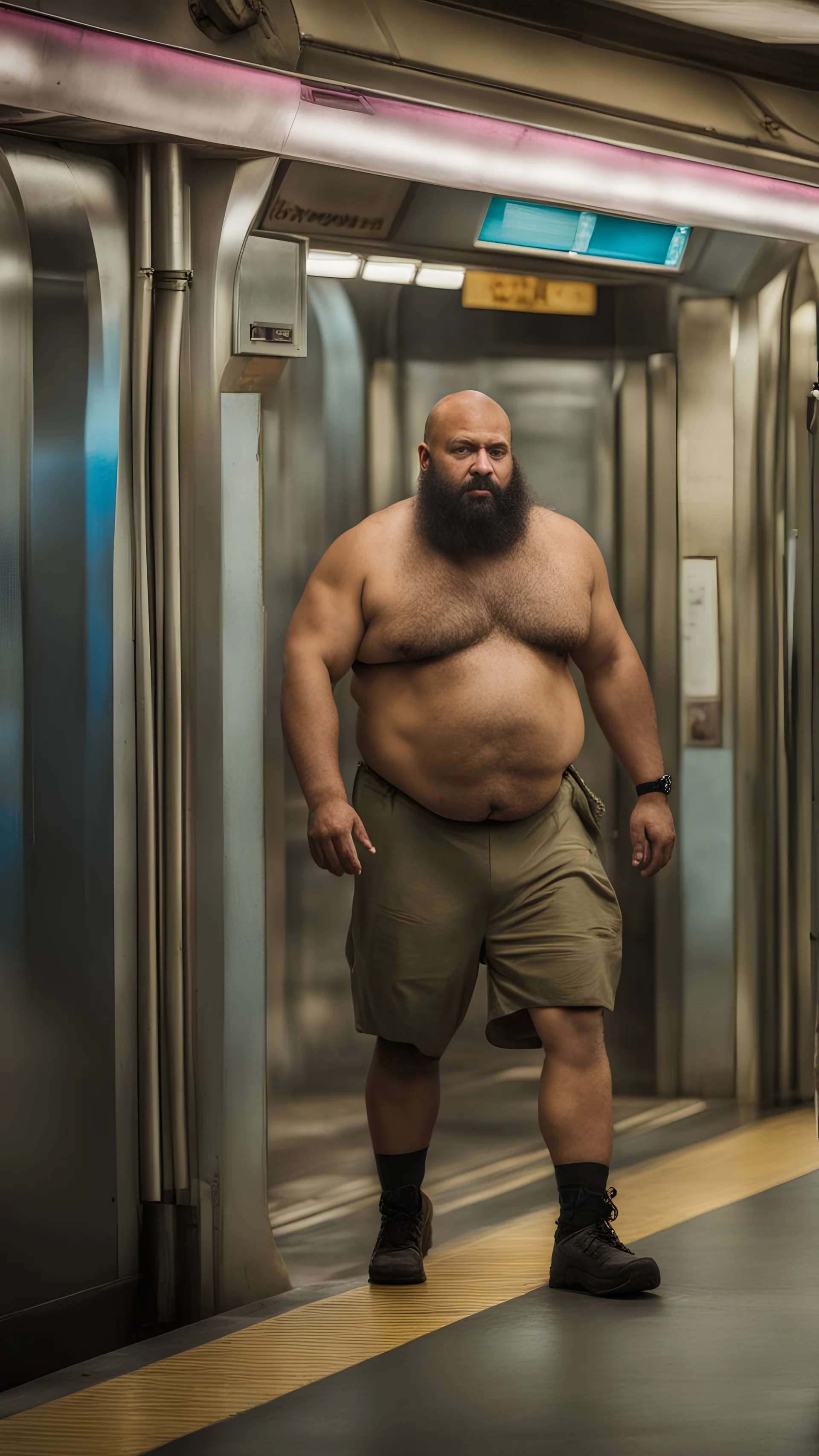 full figure photography of an ugly dirty arab burly muscular chubby stocky strong man 47 years old with raided beard, shaved hair,, manly chest, hairy , ajar mouth, photorealistic ,shirtless, bulging shorts, side light, inside a crowded subway station , neon lights