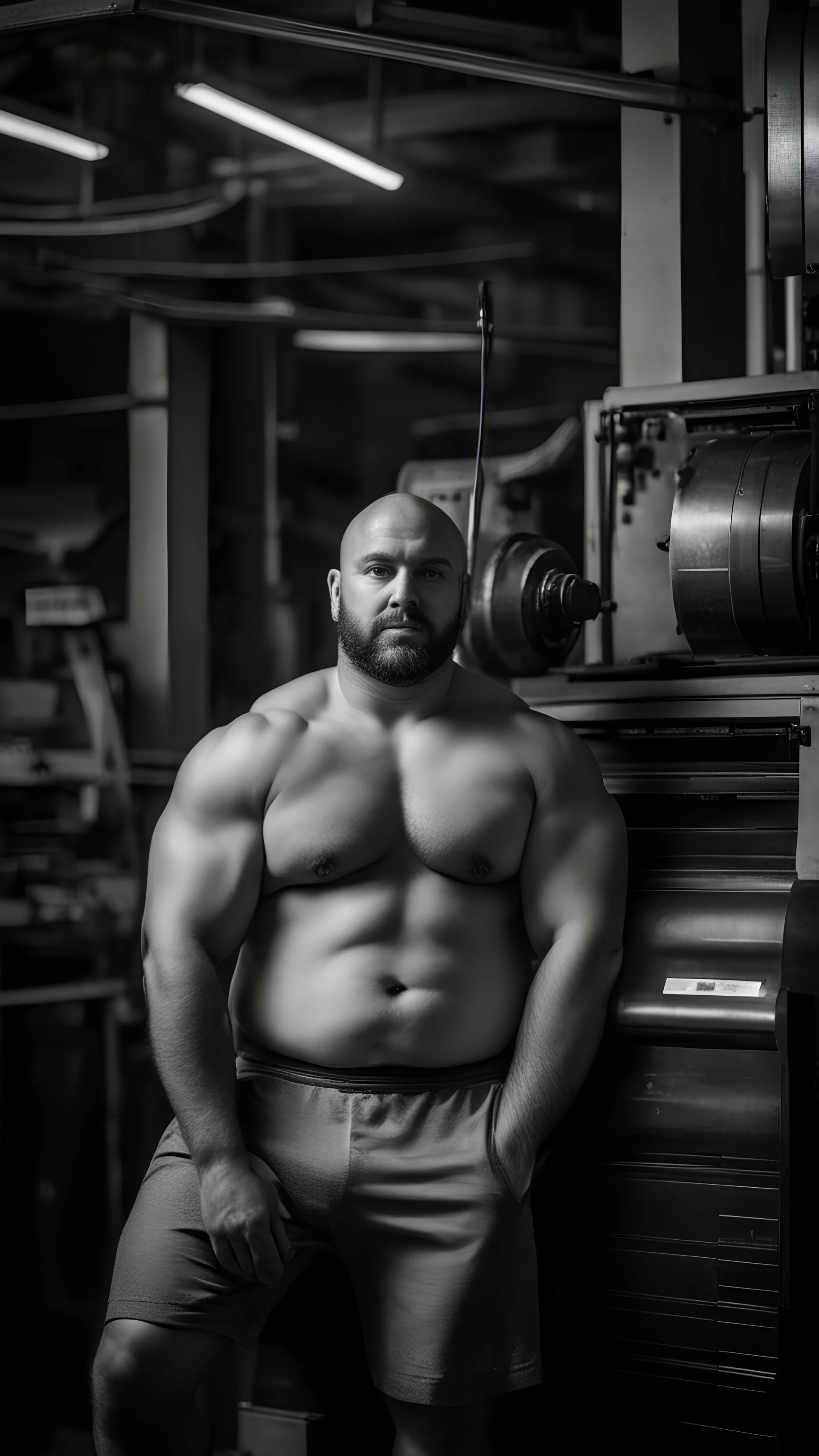 big muscular italian chubby 35 year old man in tracksuit, short beard, shirtless, printer in an old printing house, next to a huge old printer, dim light, side light, ambient occlusion