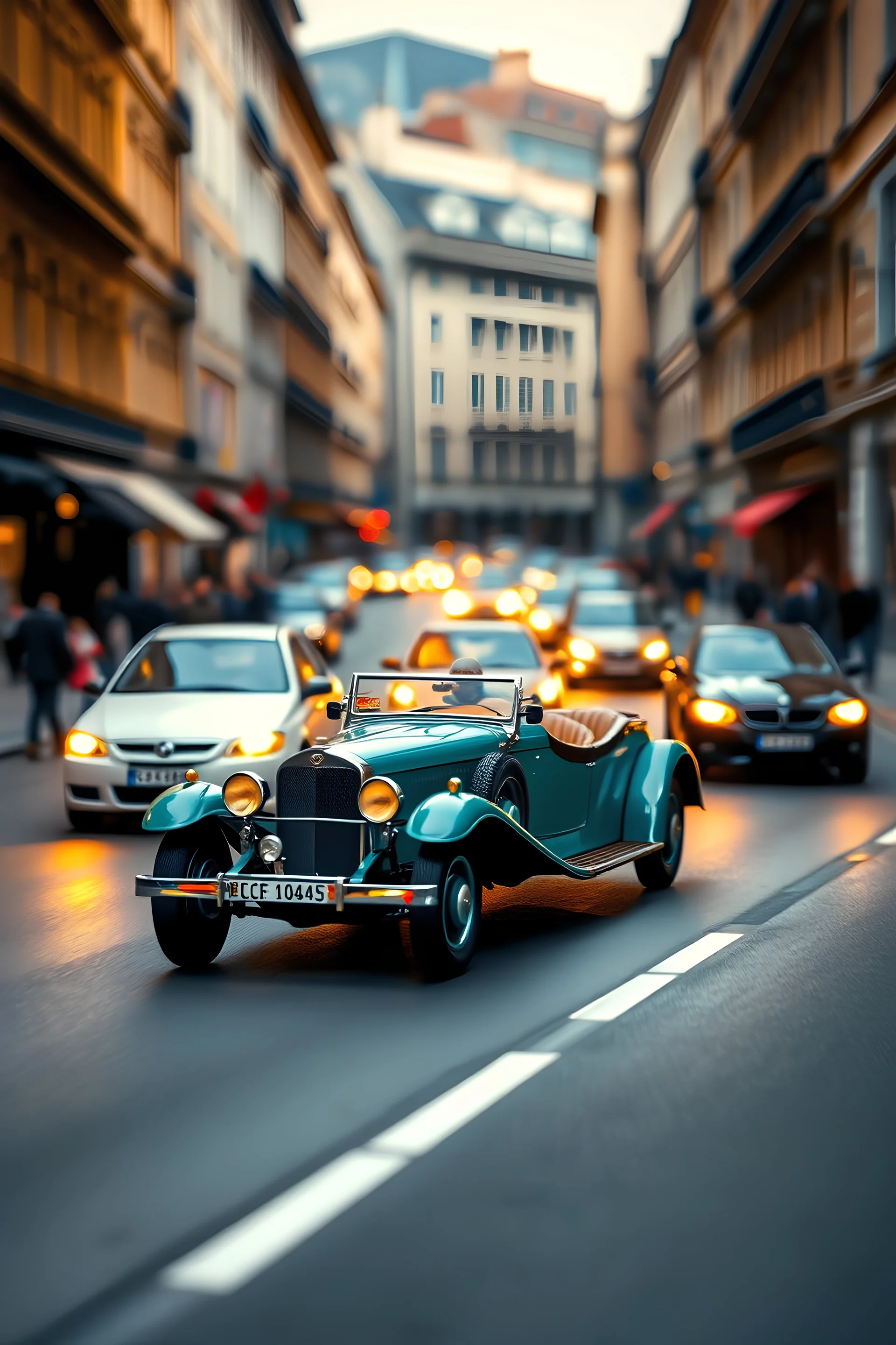 tilt-shift toy-car style shot of a high-speed car chase in the middle of a European city in the 1920s