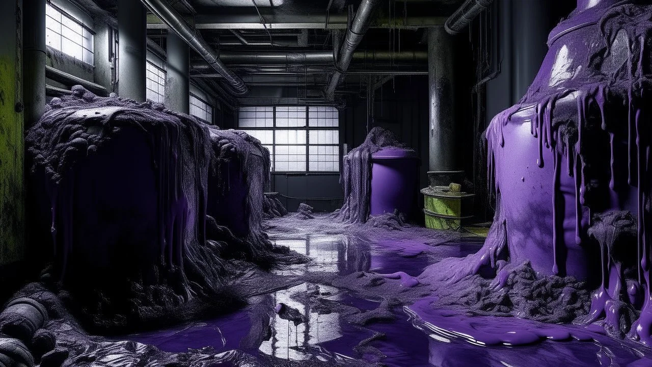 A dark purple facility plant zone with toxic sludge painted by Auguste Rodin