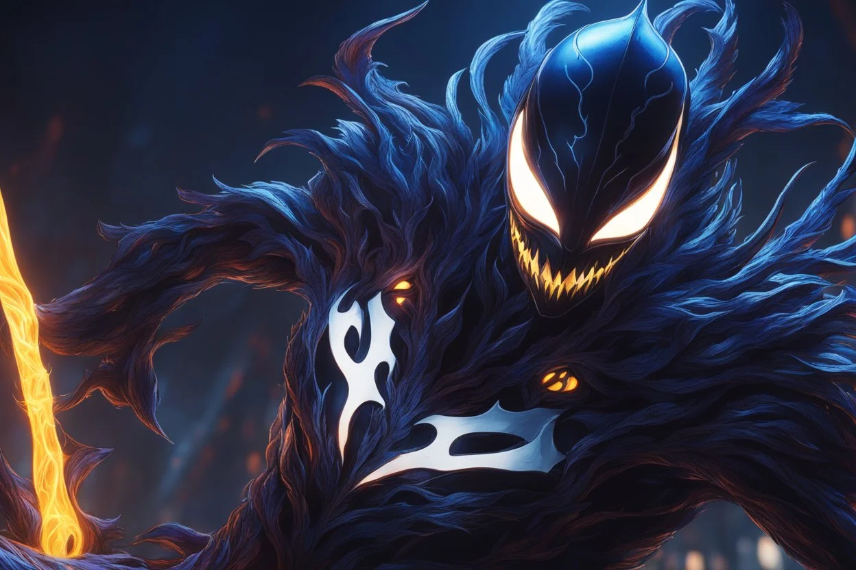 Huge symbiote in 8k solo leveling shadow drawing, shaco model, Halloween theme, neon blue lights, Chaos sea, intricate details, highly detailed, high details, detailed portrait, masterpiece,ultra detailed, ultra quality