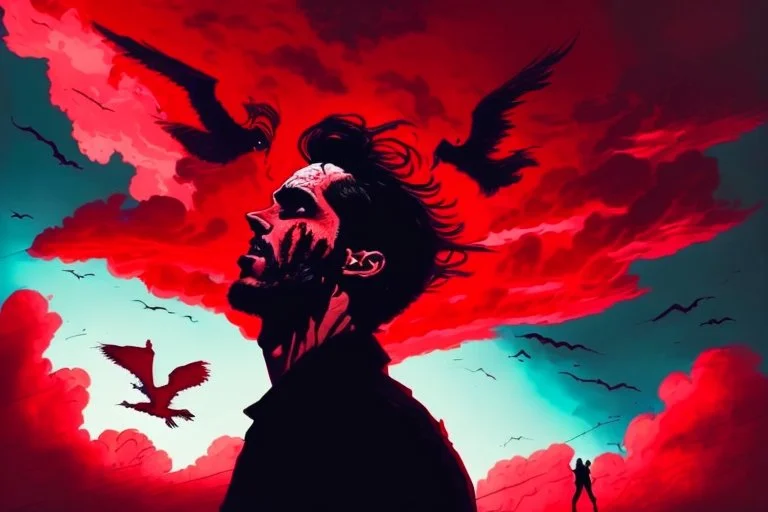 A dark sihlouette of a man flying among the beautiful haunting blood-red clouds