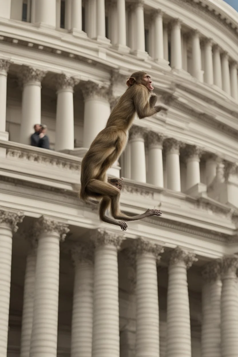 several weird monkey-like creatures climbing up the capitol building wall