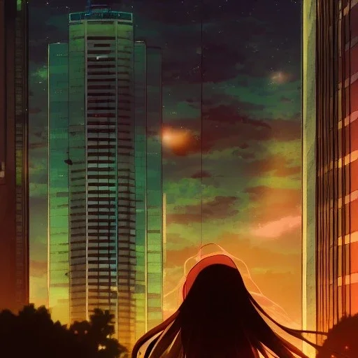 A girl, makoto shinkai style, anime, japan animation’s background, 80mm camera lens, wide angle, night view, city, building, edge, high detail