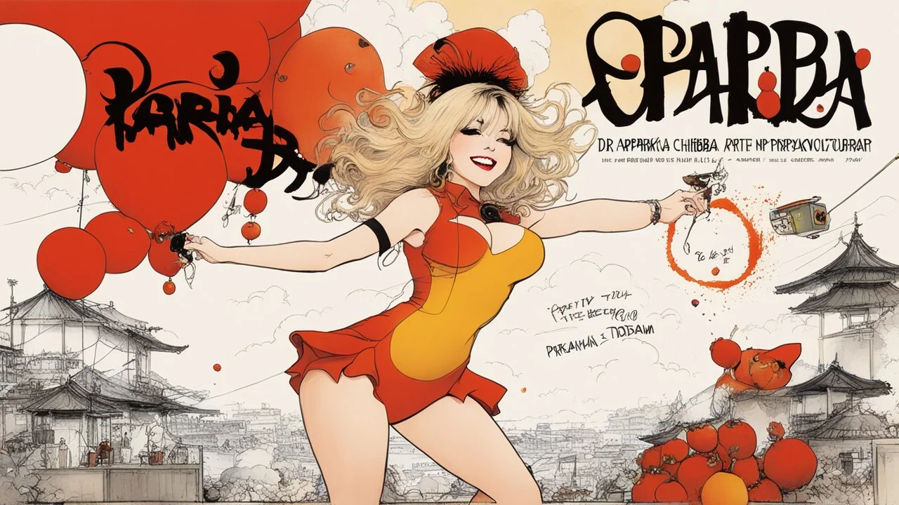 high res photo cover by Ralph Steadman: happy Dr. Atsuko Chiba, as a blonde curvy brilliant and composed therapist in agent provocateur, she uses her alter ego Paprika to enter the dream world and help patients. Paprika is everything Chiba is not: free-spirited, playful, and intuitive. As the boundary between dream and reality starts collapsing, bizarre dream imagery — a recurring "dream parade" of dolls, appliances, and random objects — invades the waking world. People go mad, unable to distin
