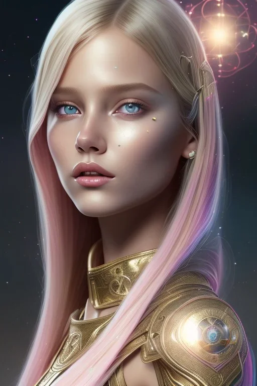 kristina pimenova as nature magic celestial, long middle blond hair, pink and white, transparent cloth, space, d&d, shiny background, intricate, elegant, highly detailed, digital painting, artstation, concept art, smooth, sharp focus, illustration, artgerm, bouguereau