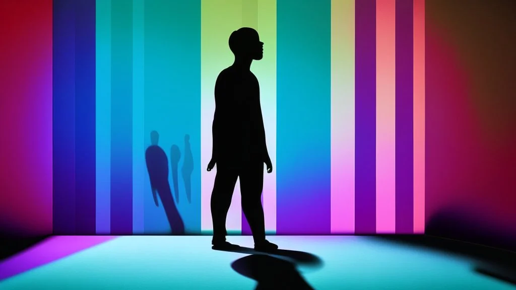 shadow made of different colors of a person looking for information on a large screen