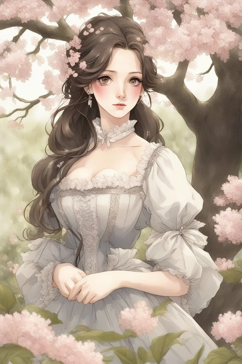 Beautiful Girl in the garden, 18 century, brunette, literally dark hair, dark eyes, fat, smell of sakura, rest, detailed face, england, she is staying under the tree