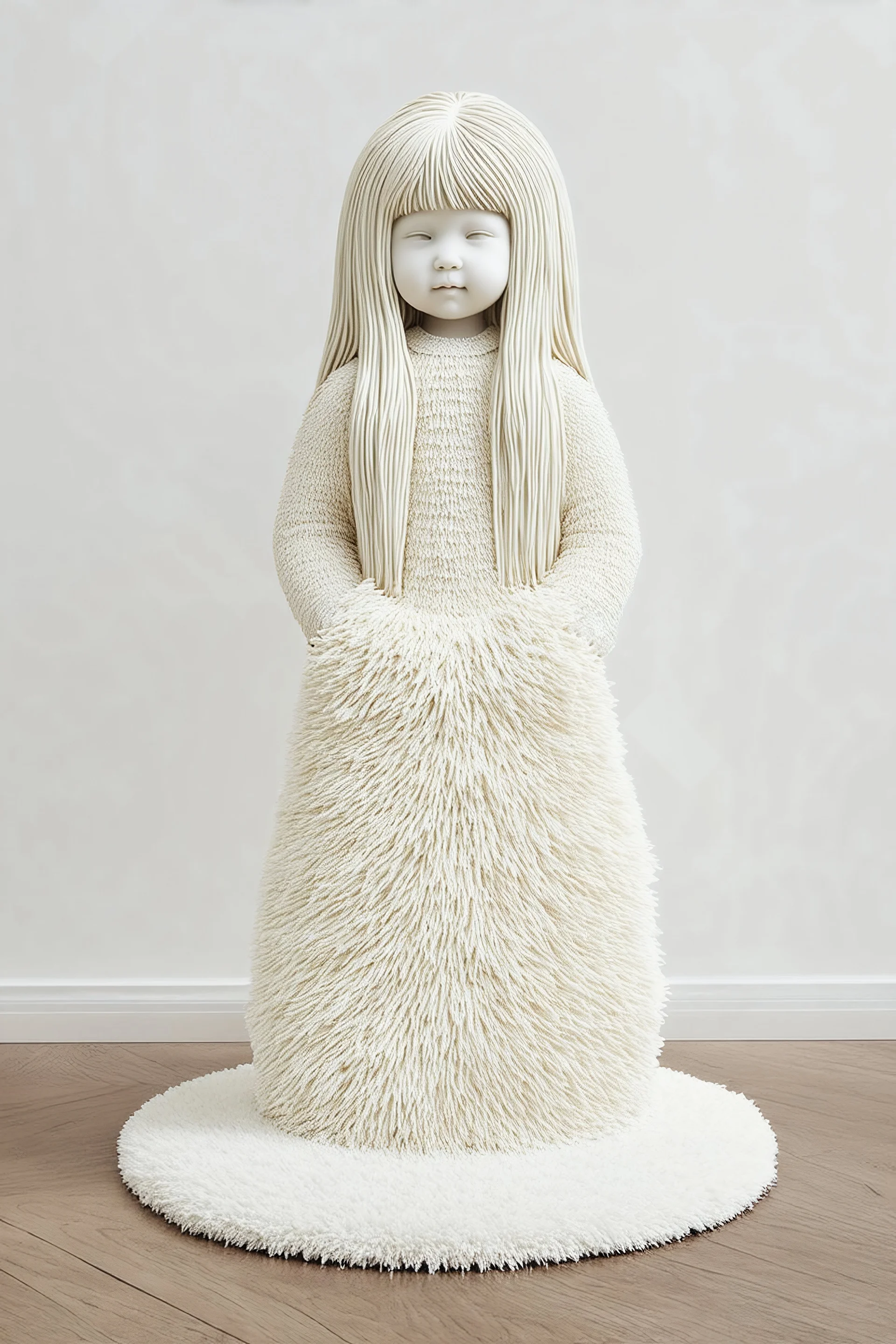 Sculpture en moquette, petite fille aux cheveux longs, fond blanc