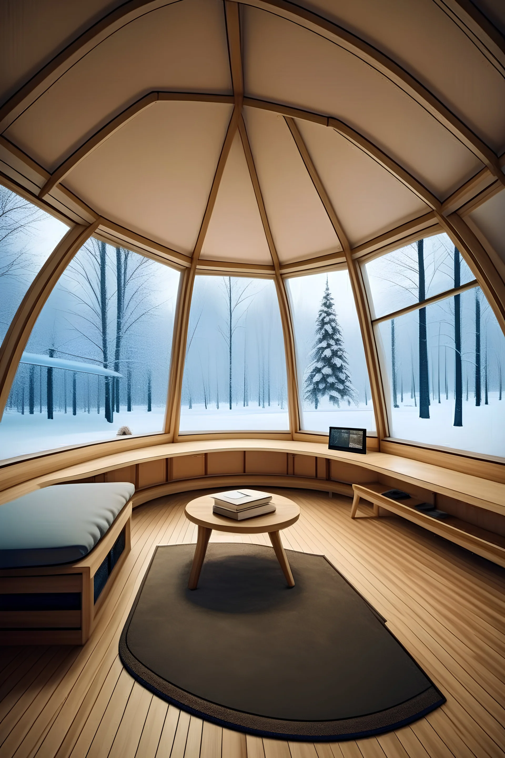 a double suitable living room with a portable floor with classic ceiling window one side logo cabin, outside is a glowing snow -covered landscape.