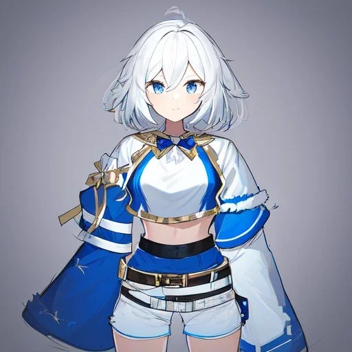 Clear focus, High resolution, rough line sketch art, short fluffy white hair, hair between eyes, fluffy hair, blue eyes, wearing a crop top, wearing shorts, detailed outfit, lots of details, bow on belt, white belt, white and blue everywhere on outfit, cut sleeve, yellow chains around outfit