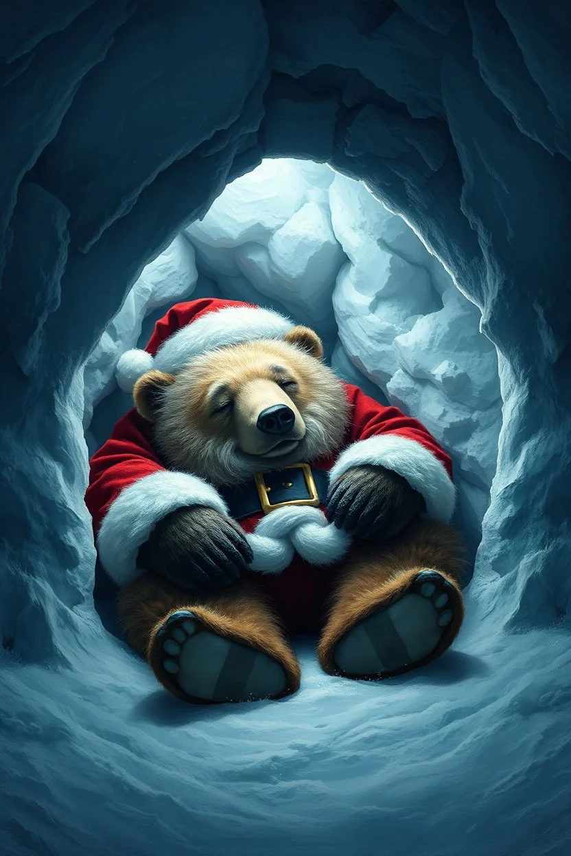 sleeping bear Santa claus inside igloo cave