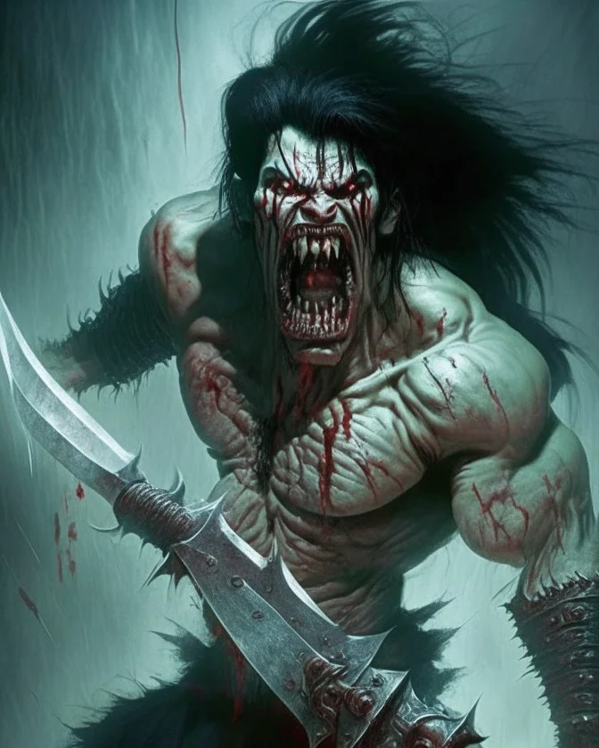 screaming scary zombie human berserker meaty black hair big greatsword