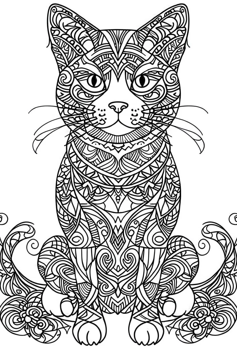 A simple minimalist coloring book mandala page drawing with thick black lines on a white background of a full length body of a kitten with no tail of the cat breed BORNEO BAY CAT. No shading. No gray. No shadows. No color. This coloring book page would appeal to children aged sixteen through adults and have clean lines for a design that is easy to color. Style raw. Aspect ratio 9:11