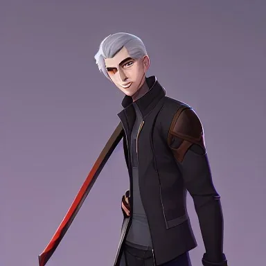 gray-haired young man with katana in black baggy jaket