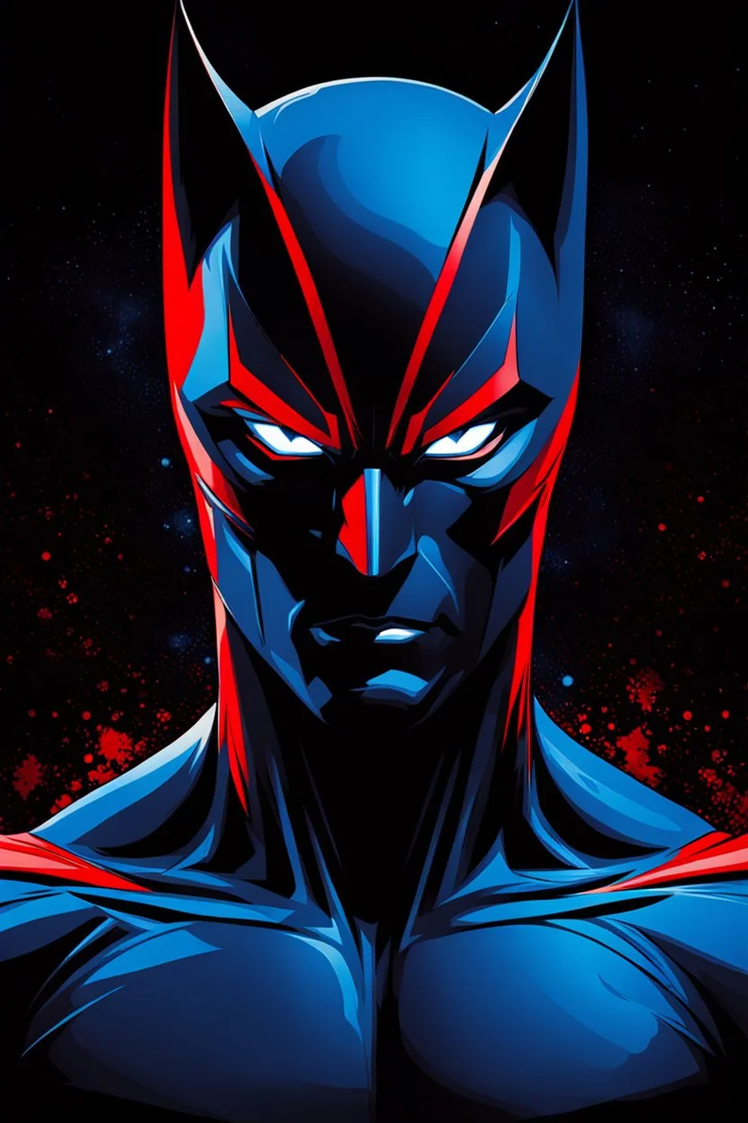 Catman, comic style artwork, dark black, red and blue, calm