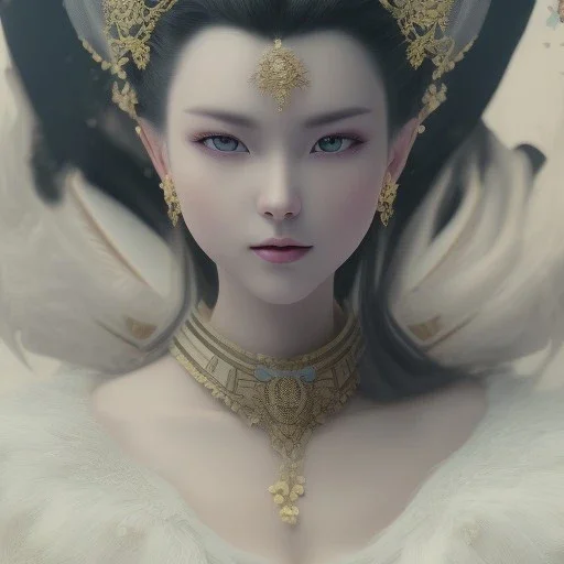 smooth hyper realistic, beautiful Japanese goddess, pale colors, dark cosmos background, cat еye, extremely sharp detail, finely tuned detail, ultra high definition, 8 k, unreal engine 5, ultra sharp focus, accurate sword wings, positive smile, lot of details, fit within portrait, Ambiance winter, perfect composition, perfect hair, perfect hands, finger up gestures