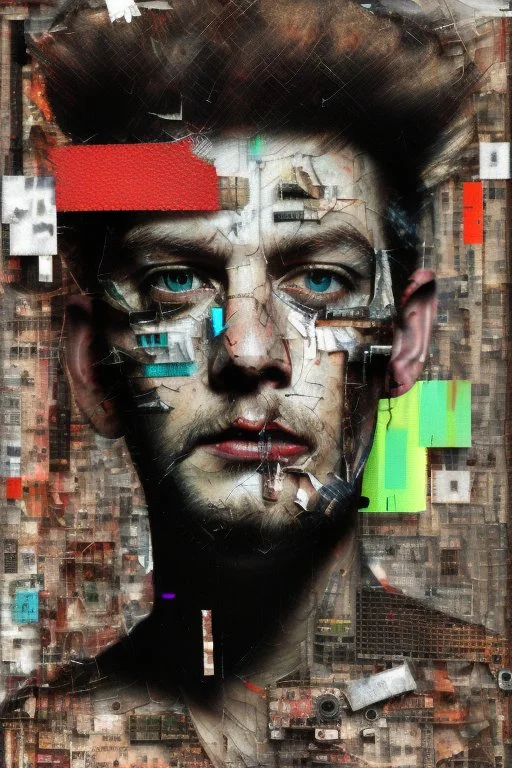 Ultra detailed medium portrait painting of close-up image of crazy person looking in the camera lens , torn up collage of clippings, broken circuitry background, matrix effects, punk visual art, punk art aesthetic, graffiti art, pop surrealism, collage art, cluttered paint glitches