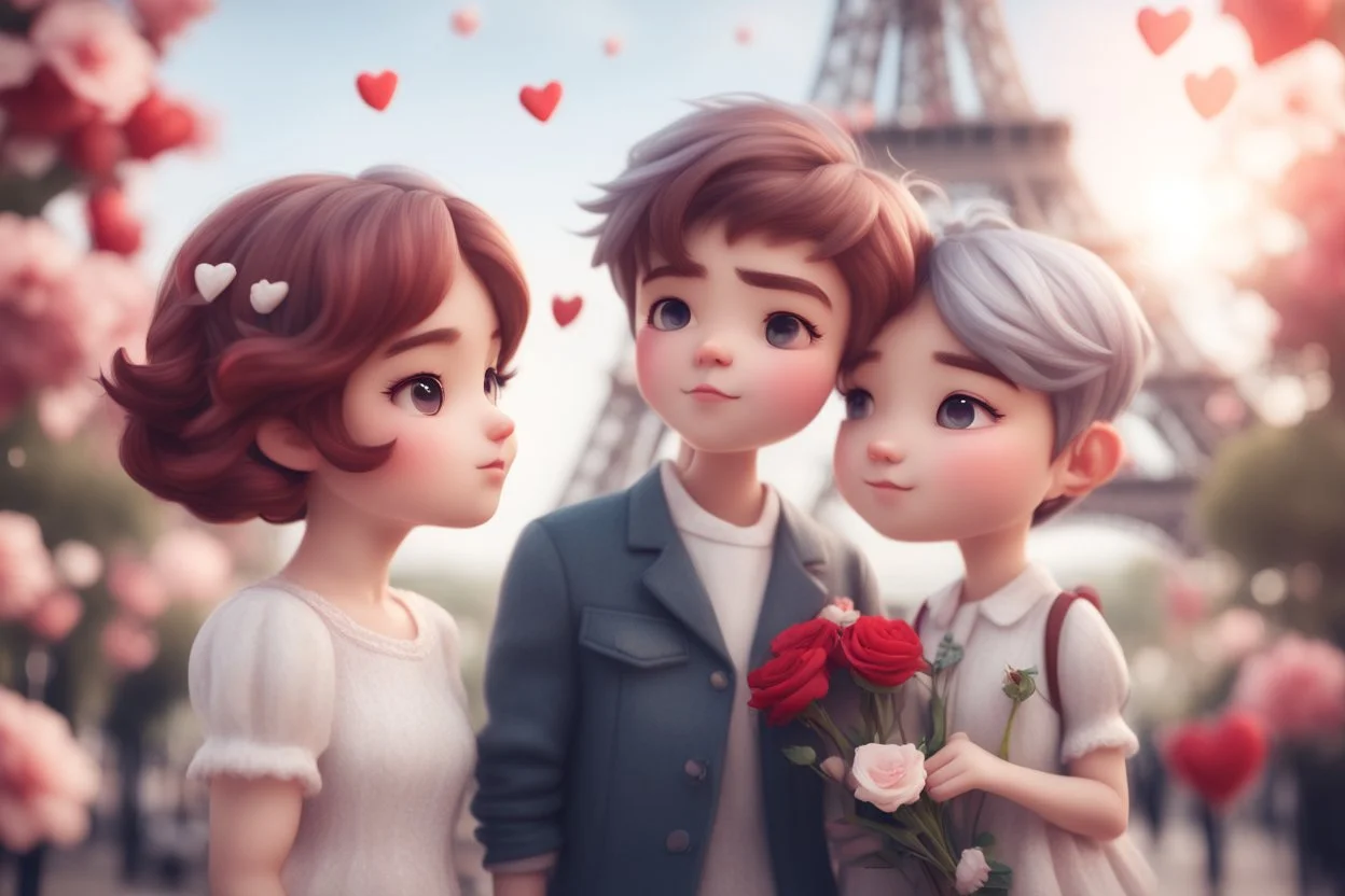 cute chibi mahogany haired girl with a short, silver haired boy, Eiffel tower, heart and love, flowers in Paris, ethereal, cinematic postprocessing, bokeh, dof