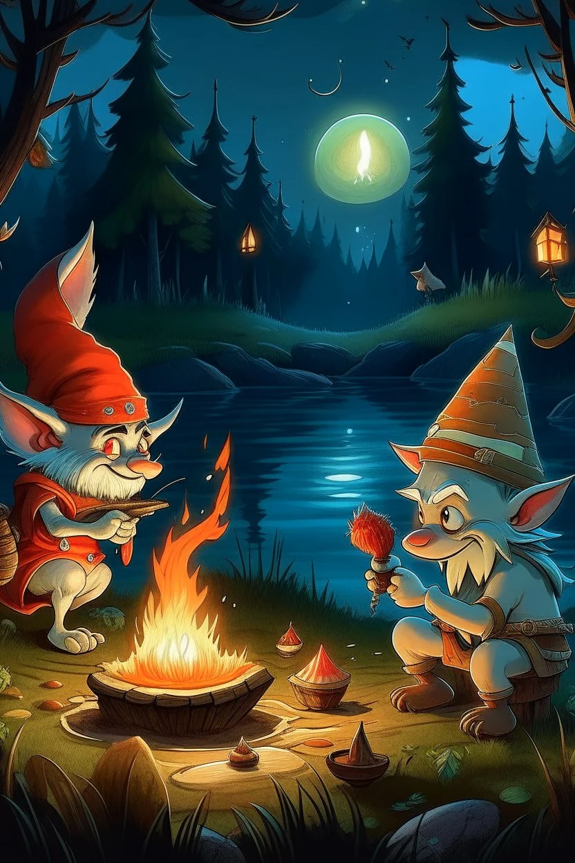 a gnome and a goblin eating in front of a fish fire, riverbank, night, moonlight, figure with fox mask behind