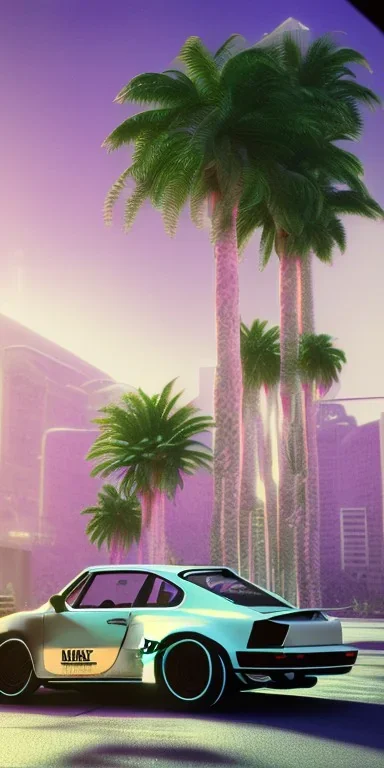 1980's aesthetic vaporwave palm trees and spheres and glowing Porsche