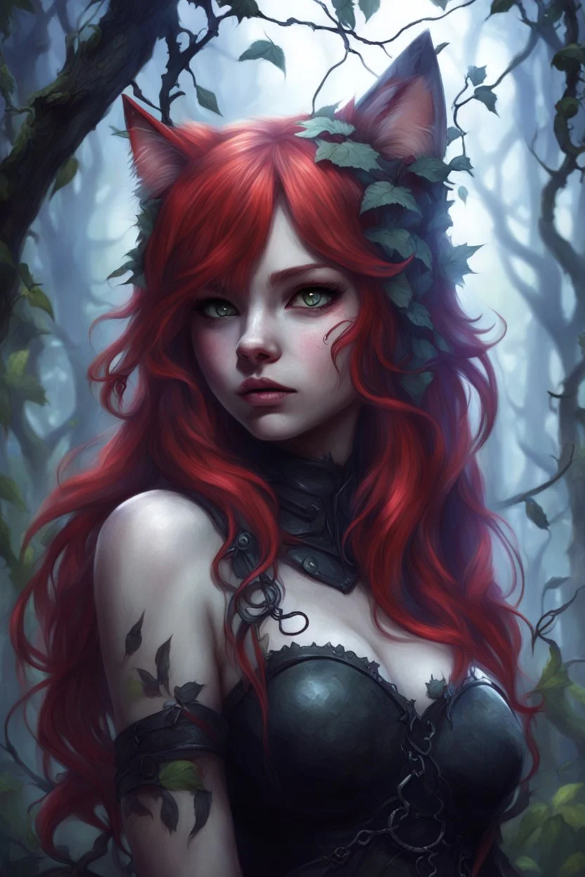 CAT GIRL, FANTASY, FORESTY, VINES, SOULLESS, FLUFFY TAIL, RED HAIR, METAL