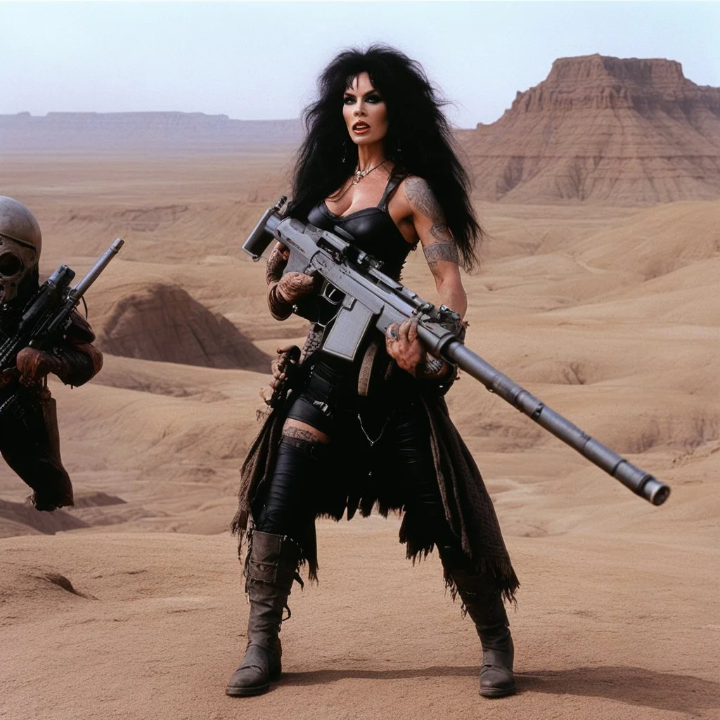 tattooed Julie Strain in action, standing on a dusty hill in the badlands - Heavy Metal F.A.K.K.2 her machine-gun in hand (shot from The Dark Crystal, 1982 dark fantasy film directed by Jim Henson and Frank Oz)