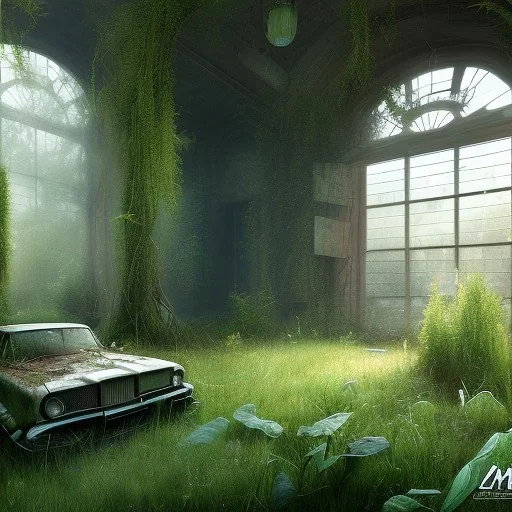 Overgrown, abandoned, interior, highly detailed, realistic