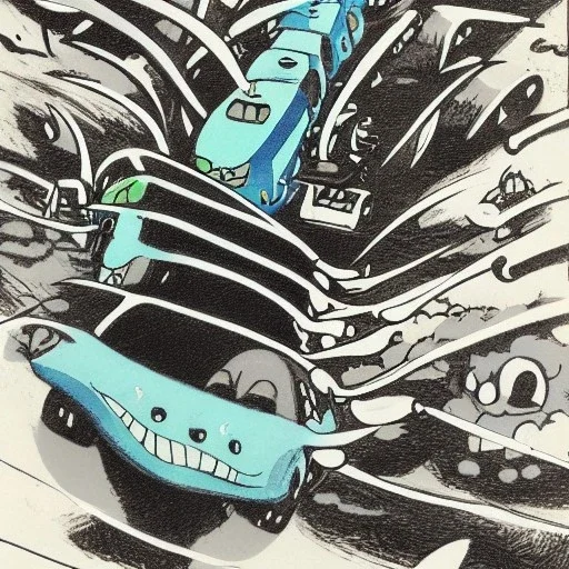 kaiju car traffic in miro style