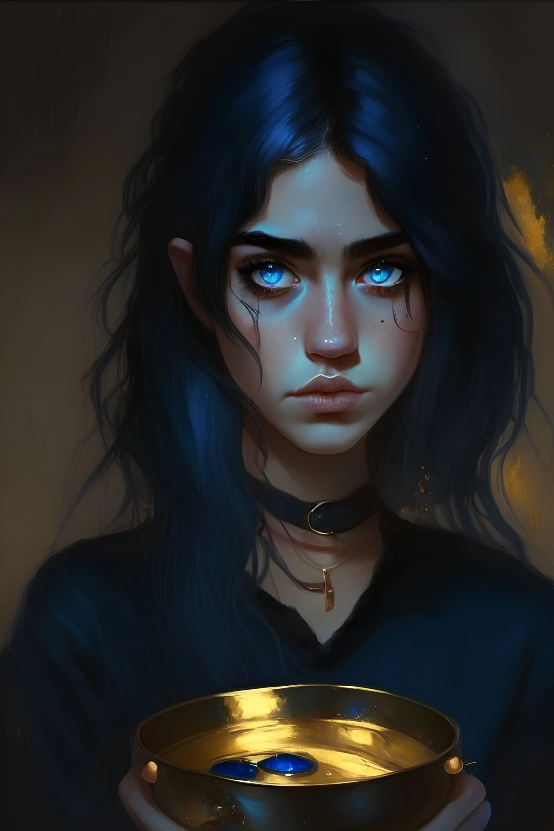 girl,dark blue clothes,blonde black hair,golden ring,cooks,black eyes