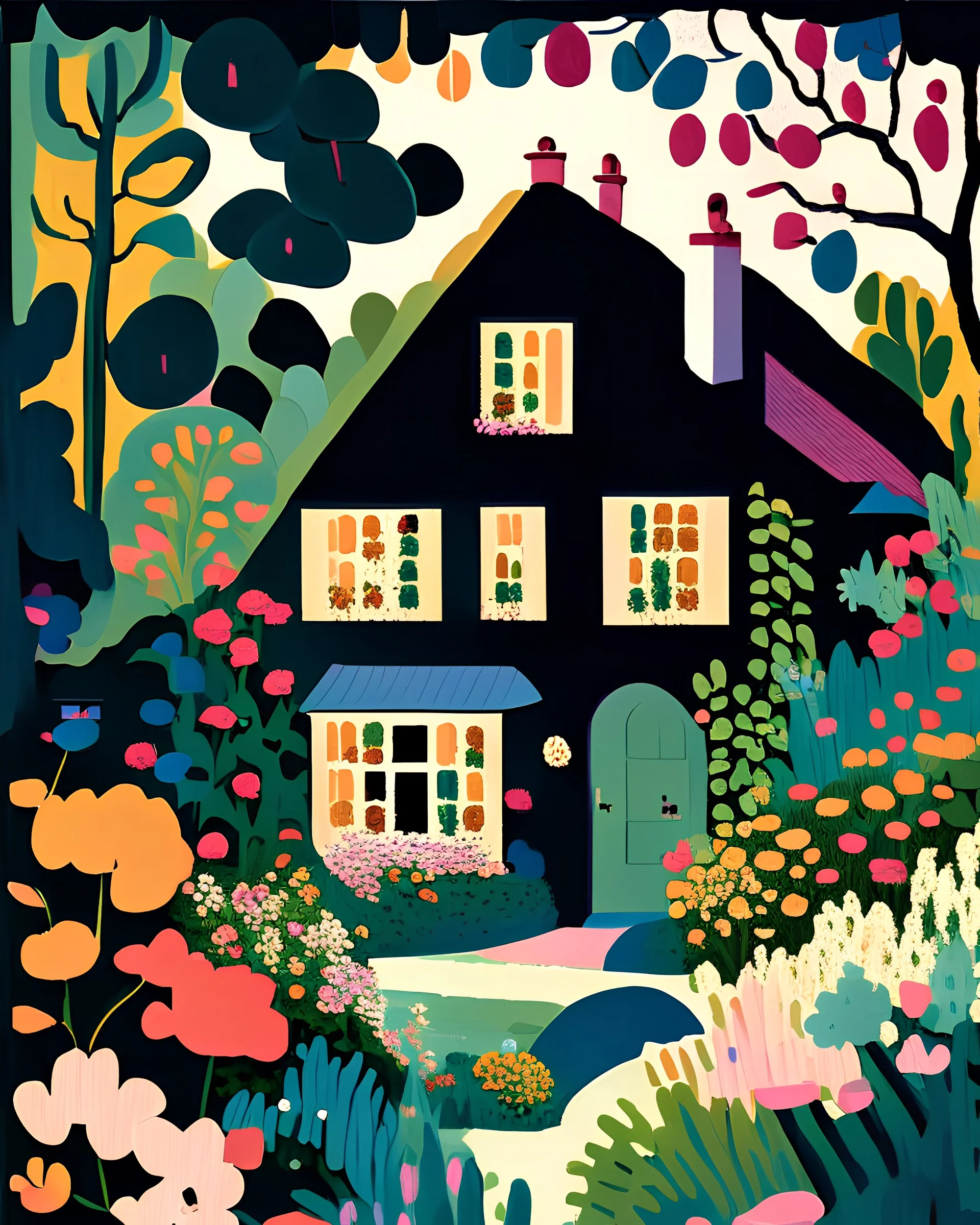 A charming depiction of a cozy, inviting cottage, nestled in a lush garden filled with blooming flowers and verdant foliage, in the style of fauvism, bold color palette, simplified forms, and a sense of warmth and comfort, influenced by the works of Henri Matisse and André Derain, evoking feelings of happiness and contentment.