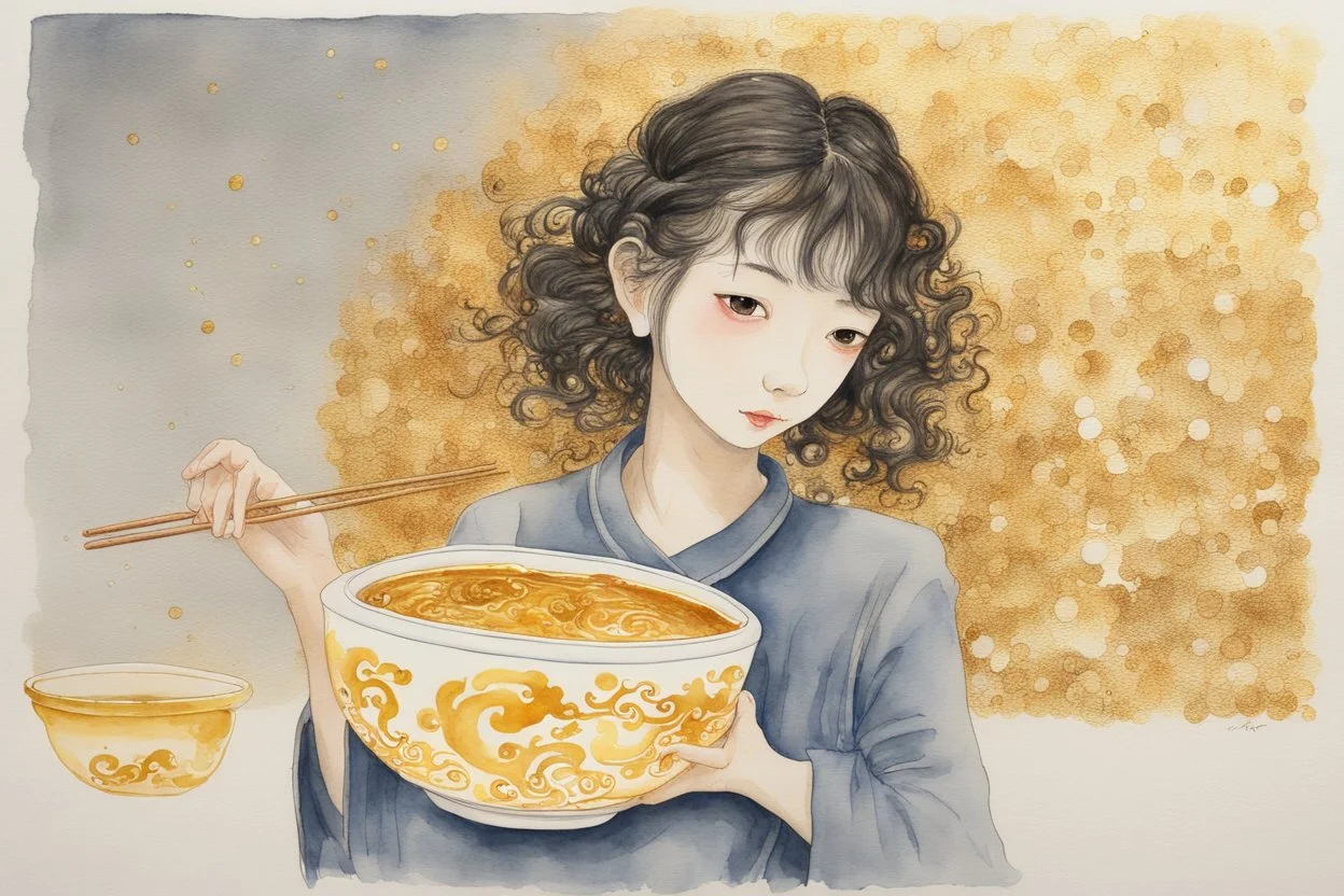 chinese curly soup, watercolor and ink, in sunshine, golden glitters