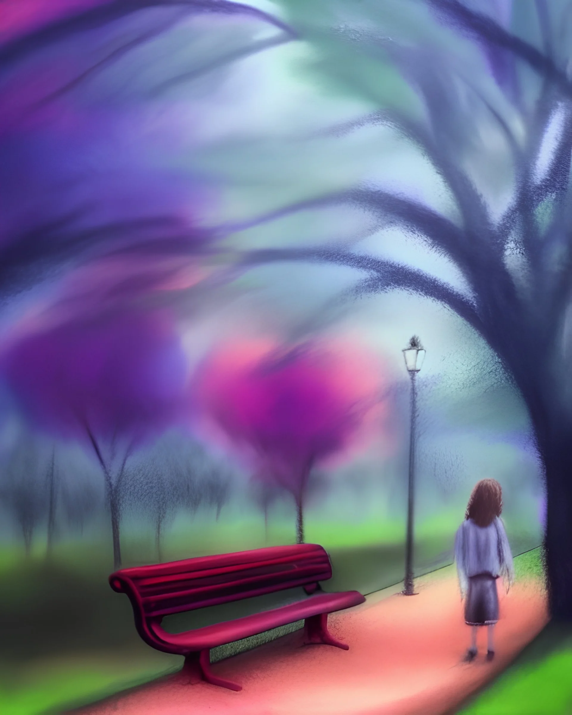 park mystical dream, park bench, man, woman, child, dog, trees, path, bird, sunshine, mystical, fantasy, romanticism, pastel colors, daylight, daytime, acrylic painting, detailed, soft focus,