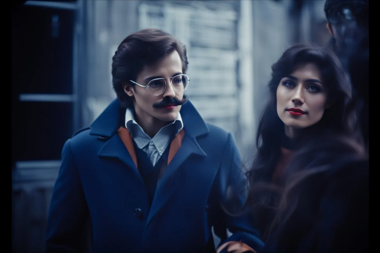 a young man and a beautiful woman standing next to each other, 1 9 8 0 s analog video, with mustache, small glasses, cold scene, out of focus background, house on background, the woman has long dark hair, photo realistic