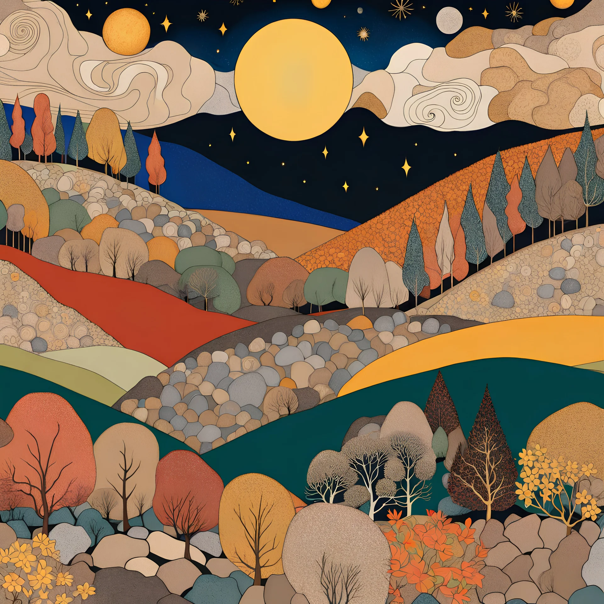 Colourful, peaceful, Egon Schiele, Max Ernst, Gustav Klimt, Vincent Van Gogh, night sky filled with galaxies and stars, rocks, trees, flowers, one-line drawing, sharp focus, 8k, deep 3d field, intricate, ornate