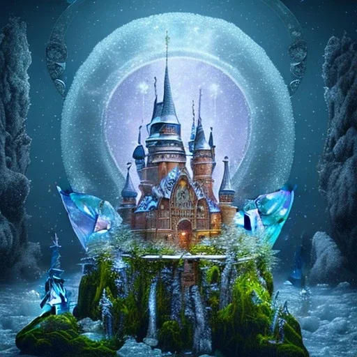 cristal angelic castle crystalline, beau , cosmic, opalescent, opalescent, gemstones, crystals, object, other worldly,water, rock, moss,bright, ice background, neige etang bleu