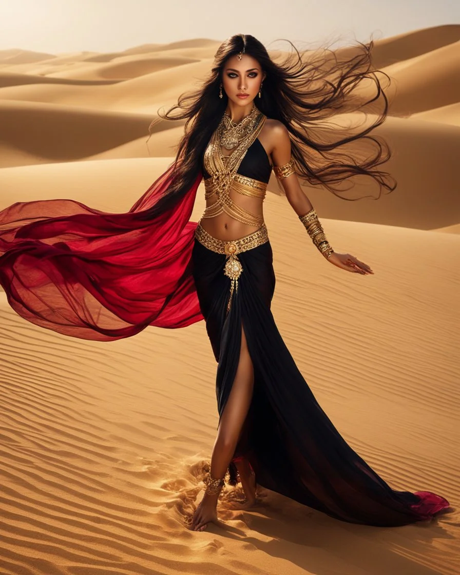 Photography cinematography Sahara desert, oasis, slender oriental girl of incredible beauty in full height, bare stomach, face half-covered with chiffon, very long hair curling in the wind, tanned skin, dancing oriental dance on the sand, middle east oriental dance costume in black and gold, silk, ruby ​​jewelry, three-dimensional drawing with colored pencils, aesthetics of a female flexible body, hyperrealism, filigree, ultra-detailed face, body and hands, in the style of oriental fairy tales