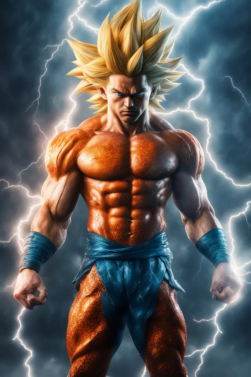 realistic 3d rendering of goku super saiyan fused aquaman, surrounded by lightning, big muscular, full body photography, hyperrealistic