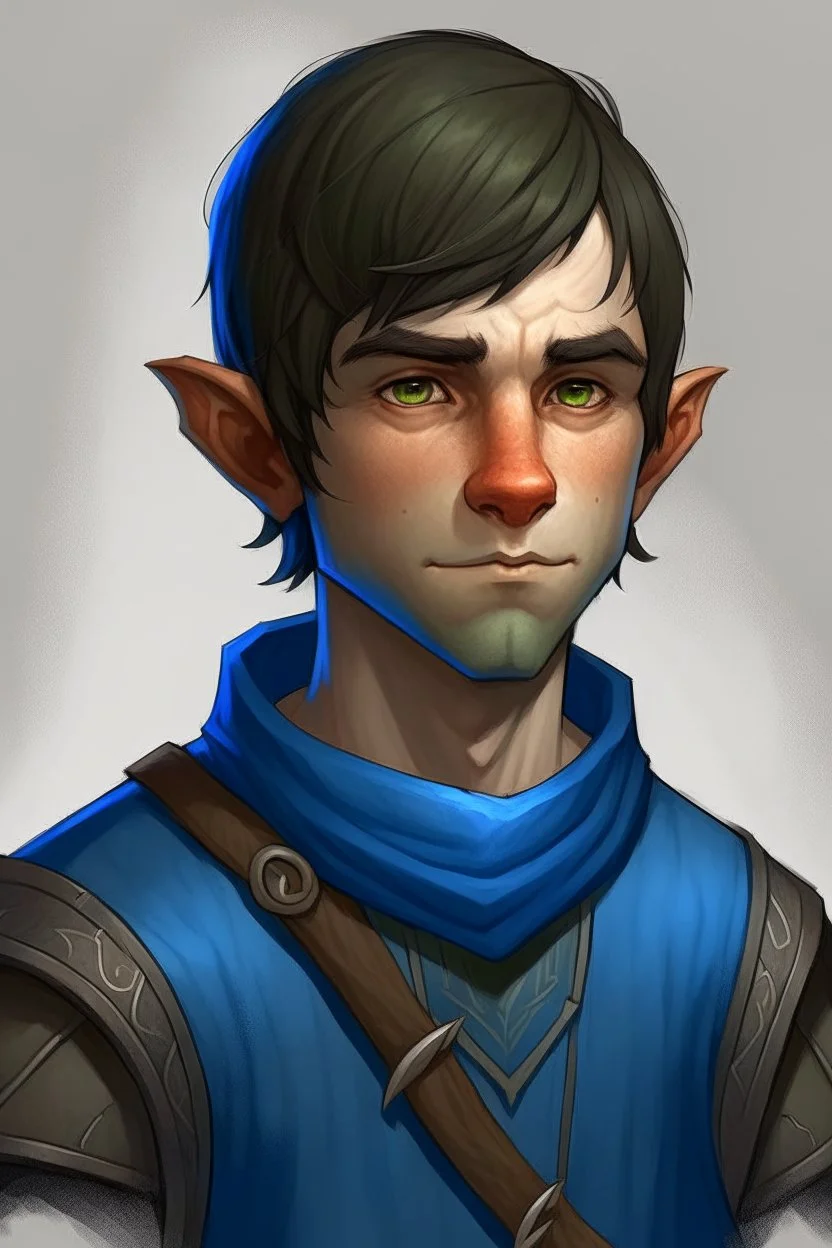 teen half orc with blue clothing short hair