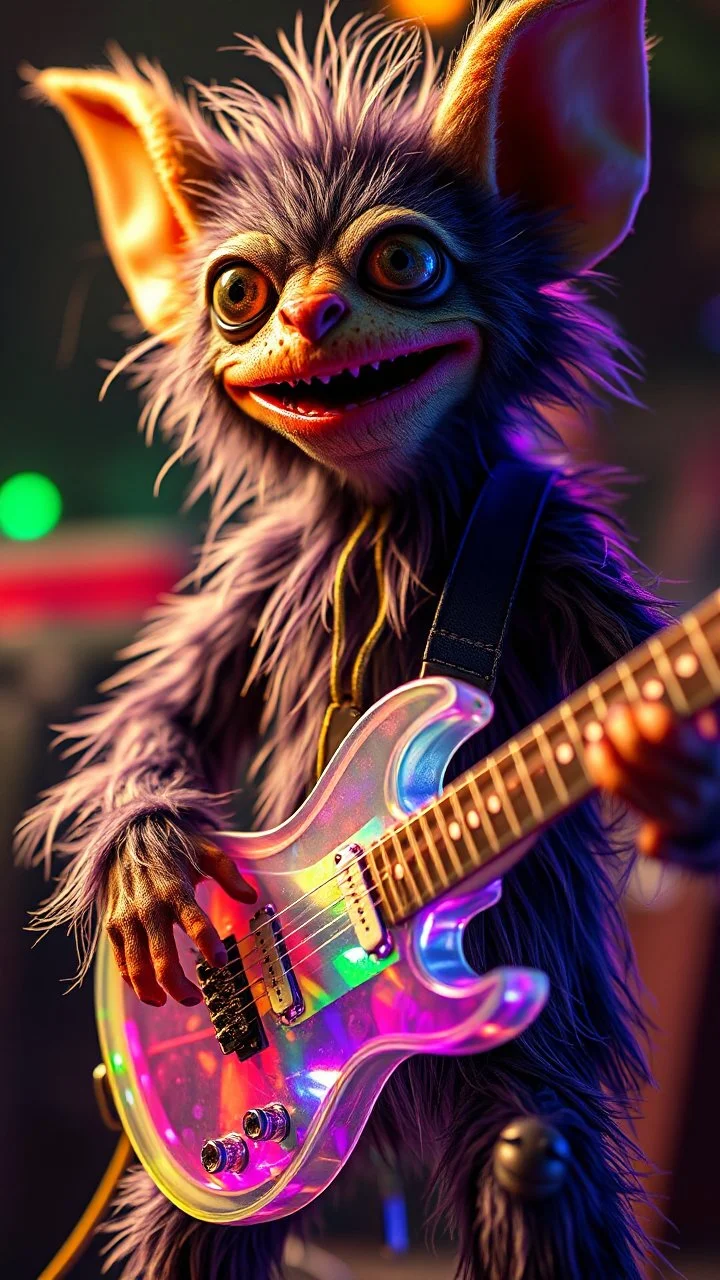 a psychedelic fuzzy muppet show gekko gremlin rock star with transparent prismatic guitar in the style of Fallout 4 and Giger, bokeh like f/0.8, tilt-shift lens 8k, high detail, smooth render, down-light, unreal engine, prize winning