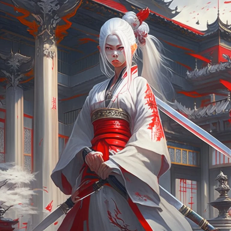 UHD, hd, 8k, oil painting, hyperrealism, Very detailed, zoomed out view, full character in view, white hair female demon character wearing a hanbok with a white top and long red bottom, she holds a katana in her right hand, she stands in front of a Japanese style palace digital art, anime, full details