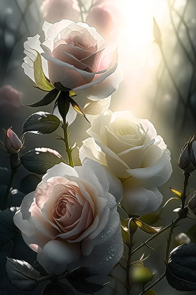 rose flowers,delicate petals,natural light ,sunlight,dew,fine ink drawing,landscape,fog,lots of details,realistic,high quality,3d, work of art,hyperdetalization,professionally,filigree,hazy haze,hyperrealism,transparent,delicate pastel tones,back lighting,contrast,fantastic,unreal,translucent,glowing,clear lines,horror,epic,fabulous,fabulous landscape