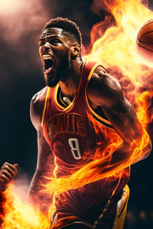 8k, highly realistic and detailed image of a NBA basketball player in action dunking the ball in the net, sweaty hair, screaming look,action and smoke and flames background