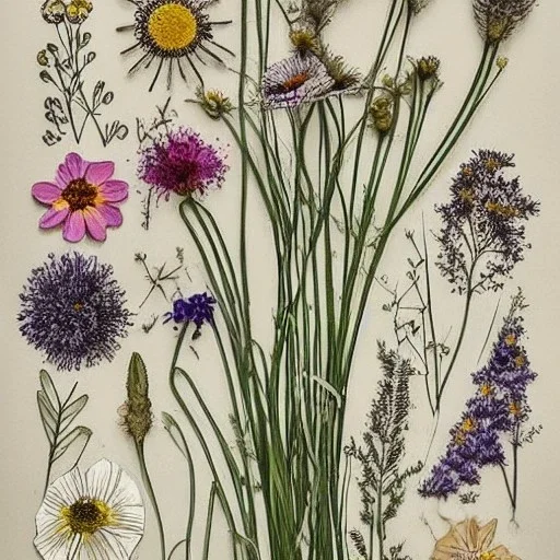 delicate arrangement of pressed flowers, beautiful composition, aesthetic layout, wildflowers, fine lineart, botanical illustration