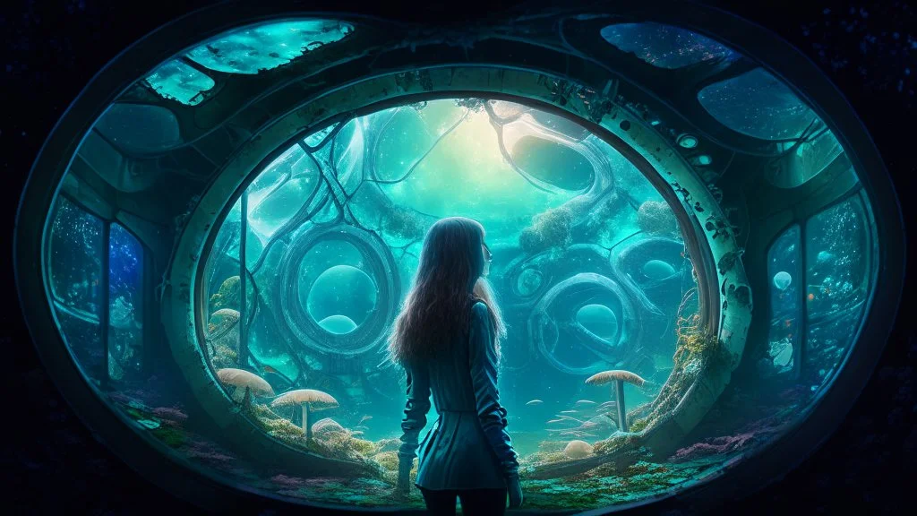 woman standing inside the interior of a ruined alien spaceship, with a circular window, overrun with mushrooms with jellyfish tentacles