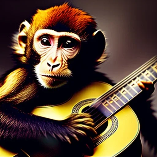 Audobon painting of a monkey playing a guitar, 6 strings, fingers