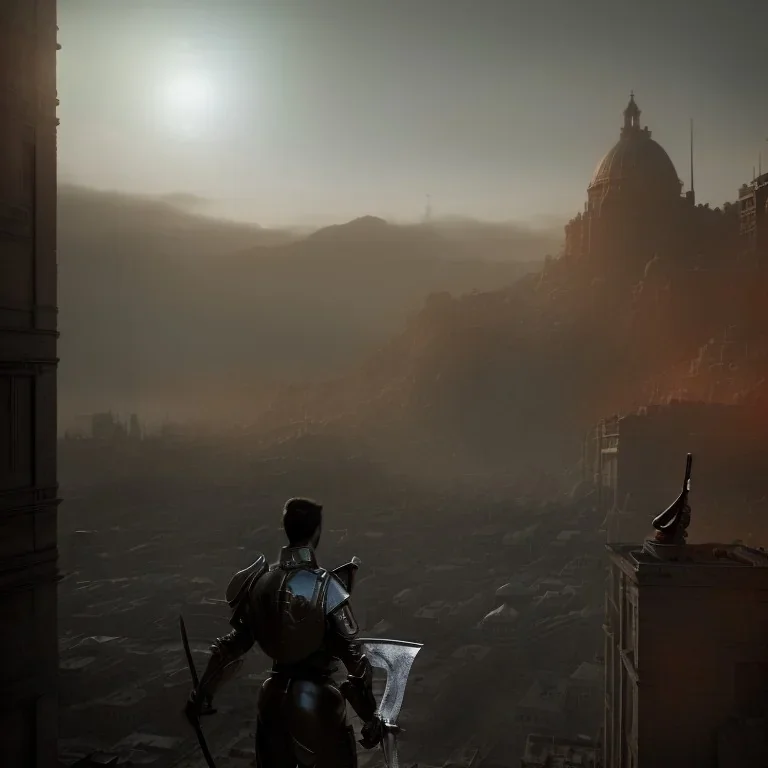 person with a sword overlooking a apocalyptic city